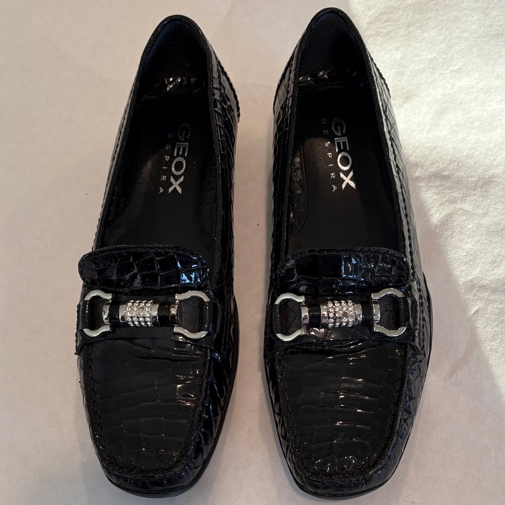 Geox Black Croc-Embossed Loafers with Silver Buckle